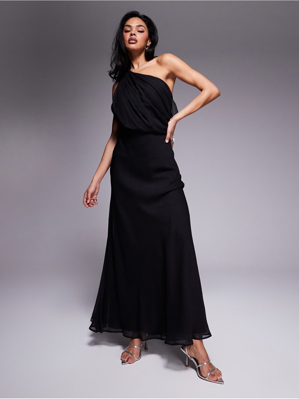 ASOS Black One-Shoulder Draped Evening Dress